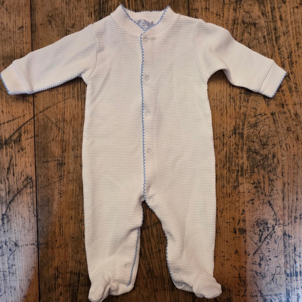Nella Pima White Blue Trim 3-6M Footed Romper Cotton Textured Waffle Knit